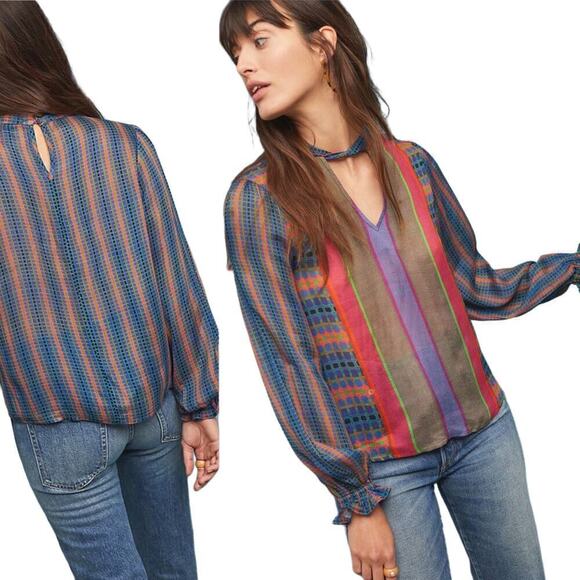 Bl-nk Conditions Apply by Anthropologie Retro Geo Stripe Peasant Blouse Size XS - Picture 1 of 10